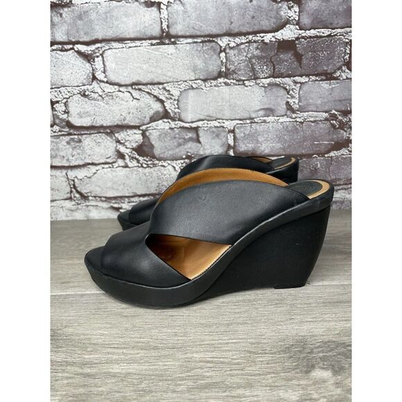 L'Amour Des Pieds Black Leather Strappy Wedge Open Toe Sandals Women 7M US/38EU - Picture 1 of 16